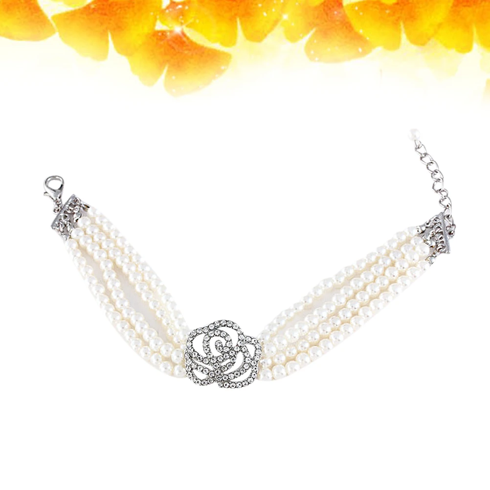 

4 Rows Pet Pearl Necklace Dog Collar Jewelry White Rose Adjustable Durable Imitation Zircon Alloy For Small Medium Large Pets