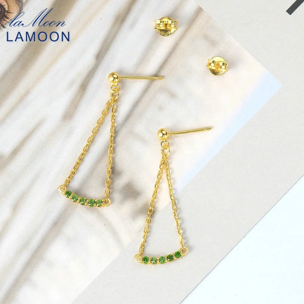 

LAMOON Natural Diopside Gemstone Earring For Women Mini Simple Elegant Exquisite 925 Silver 14K Gold Plated Fine Jewelry