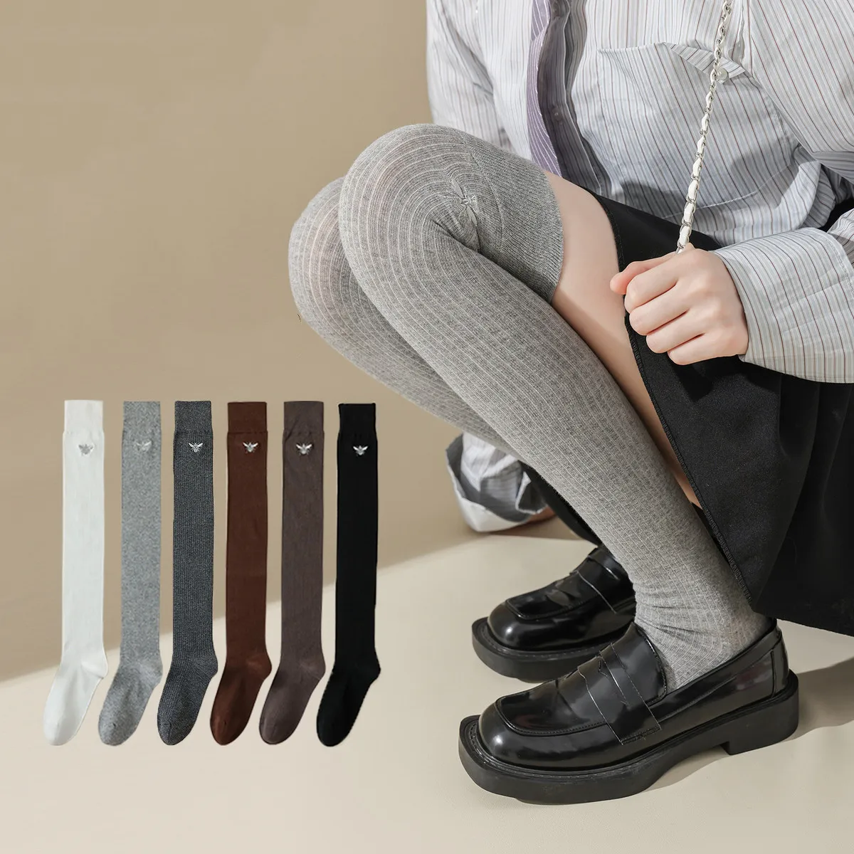 

Stockings Women Autumn Winter Cotton Knee High Socks Thigh High Sock Solid Color Black White Gray Long Socks Thigh High Stocking