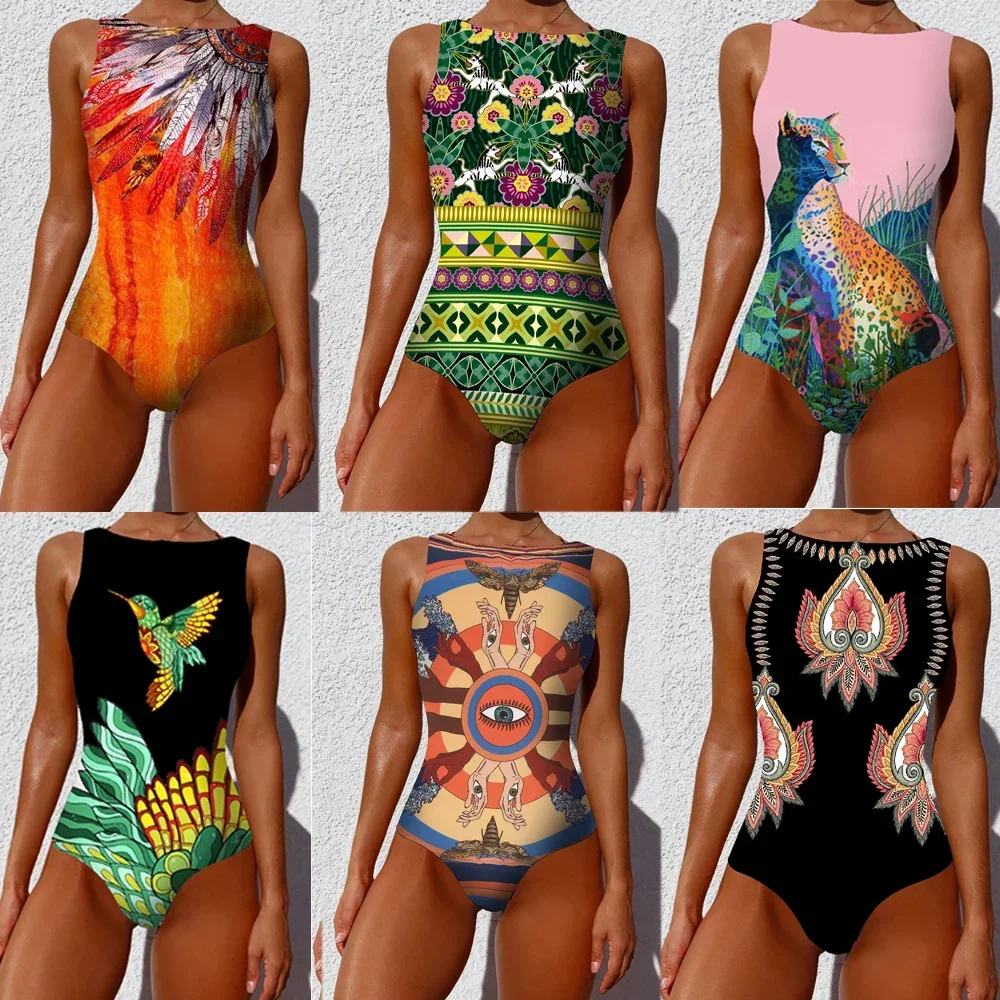 Printed One-piece Swimsuit Classic Printed Lace Up Swimsuit Women's Push Up Flower One-piece Suit Beach Wear Bathing Suit Women