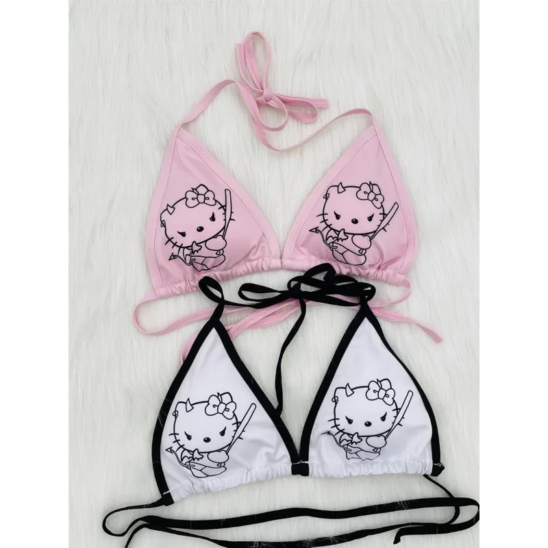 Czarny gotycki Hello Kitty Anime kreskówka strój kąpielowy Bikini z wyściełanymi kubkami dla kobiet na plaży hawajskiej śmieszne podszywanie się pod