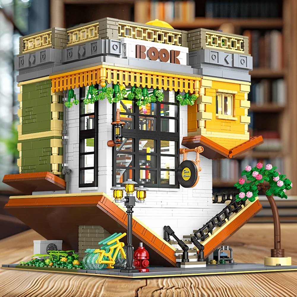 

Creative Bricks City Street View Inverted Bookstore Model Sets Library Construction Building Block Educational Toy With Light