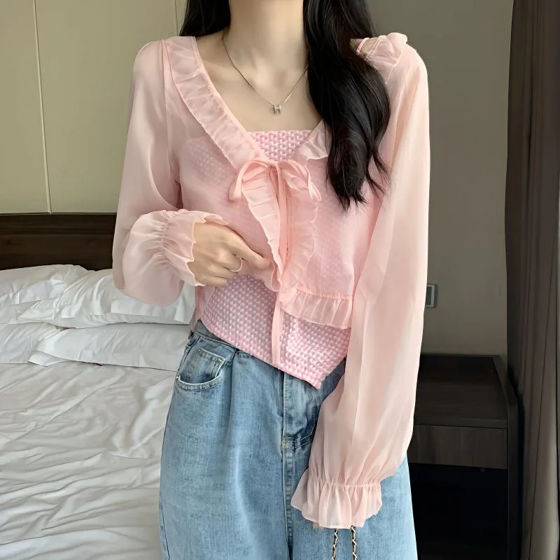 شال صيفي مكشكش بلون شيفون نسائي بأكمام طويلة ورقيق Y2K معطف كيب بوليرو ملابس عباءة تتغاضى عن عطلة 2025 #3