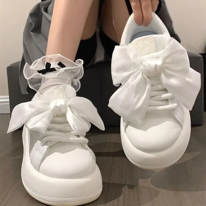 Kawaii Bow White Sneakers for Women Platform Sports Shoes Tennis Female Flats Spring Summer 2024 Vintage Cute Korean Fashion