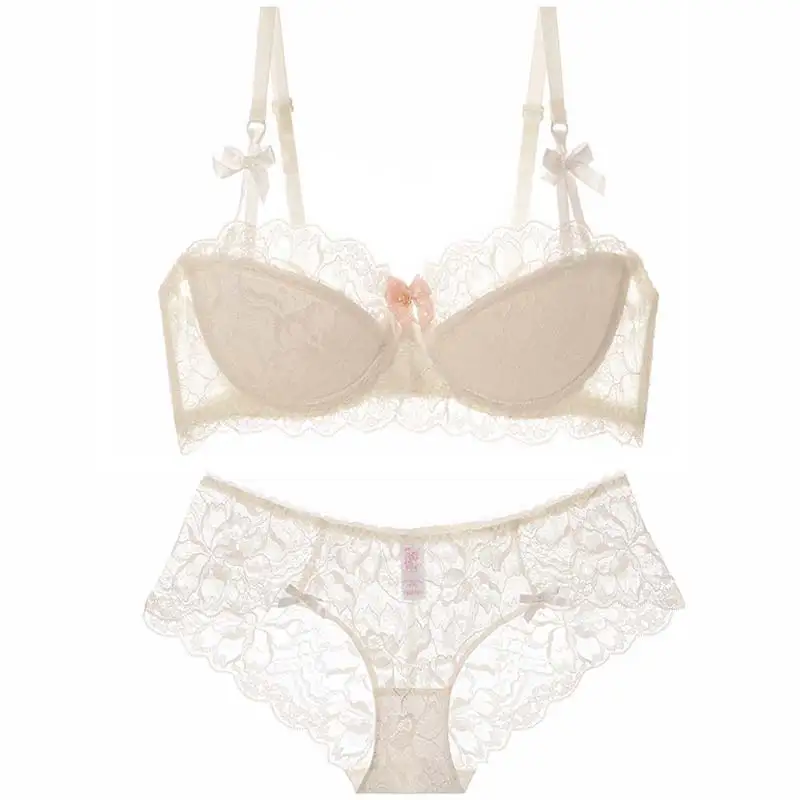 MOYISU Viktorianisches Bralette-Set, transparente Spitze, Minimiser-BH, große Büste, sexy Dessous, Damen, geraffte dünne Träger, sexy Tushy und Höschen