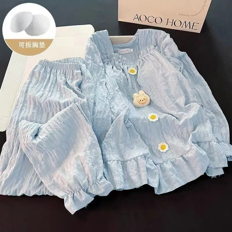 Sweet Women's Pajama Set Cute Cartoon Rabbit Design Solid Color Autumn Homewear Casual Ruffles Well-Fitting Ladies' Sleepwear