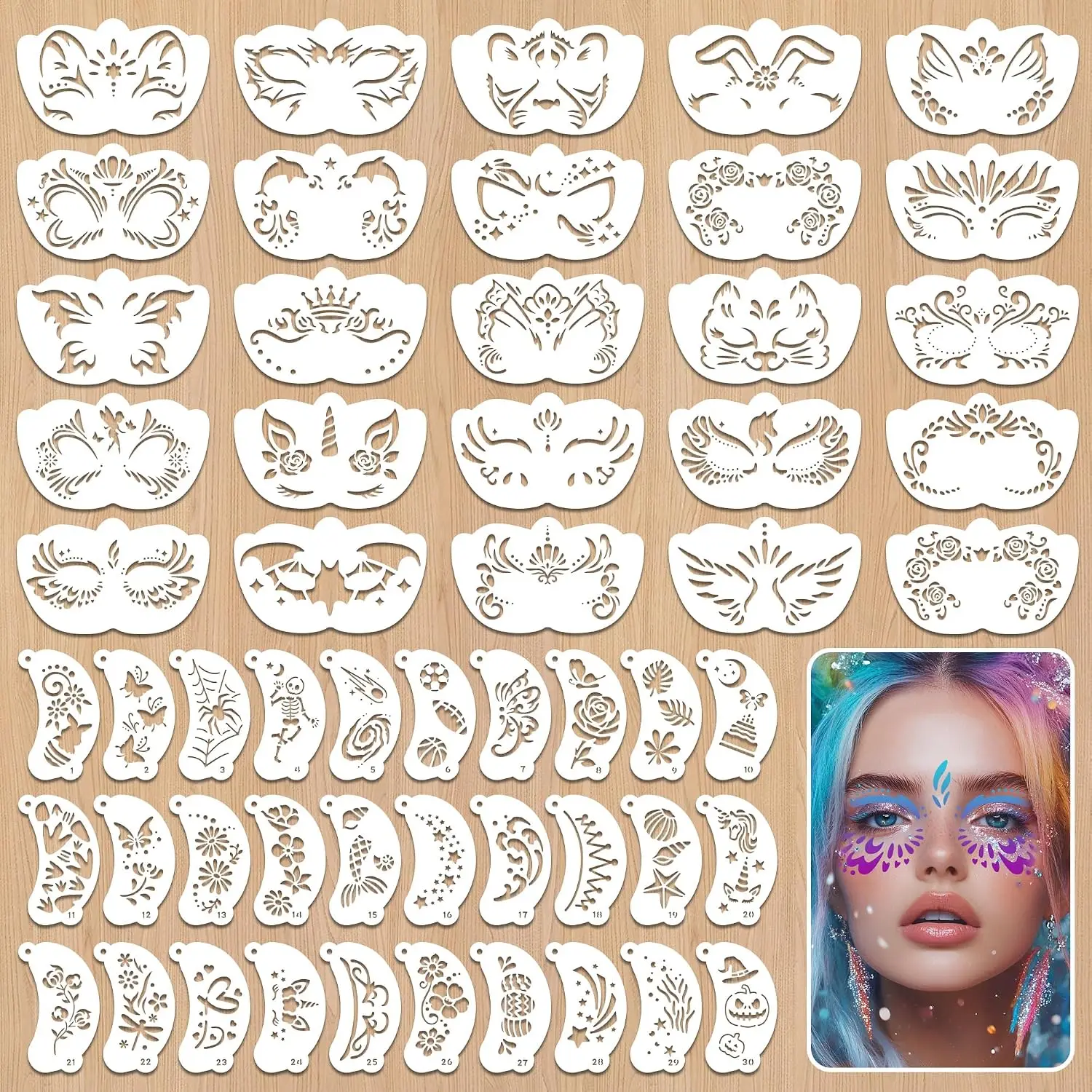 55PCS Reusable Face Paint Stencils Kit, DIY Body Temporary Tattoo Art Supplies for Halloween Party Makeup