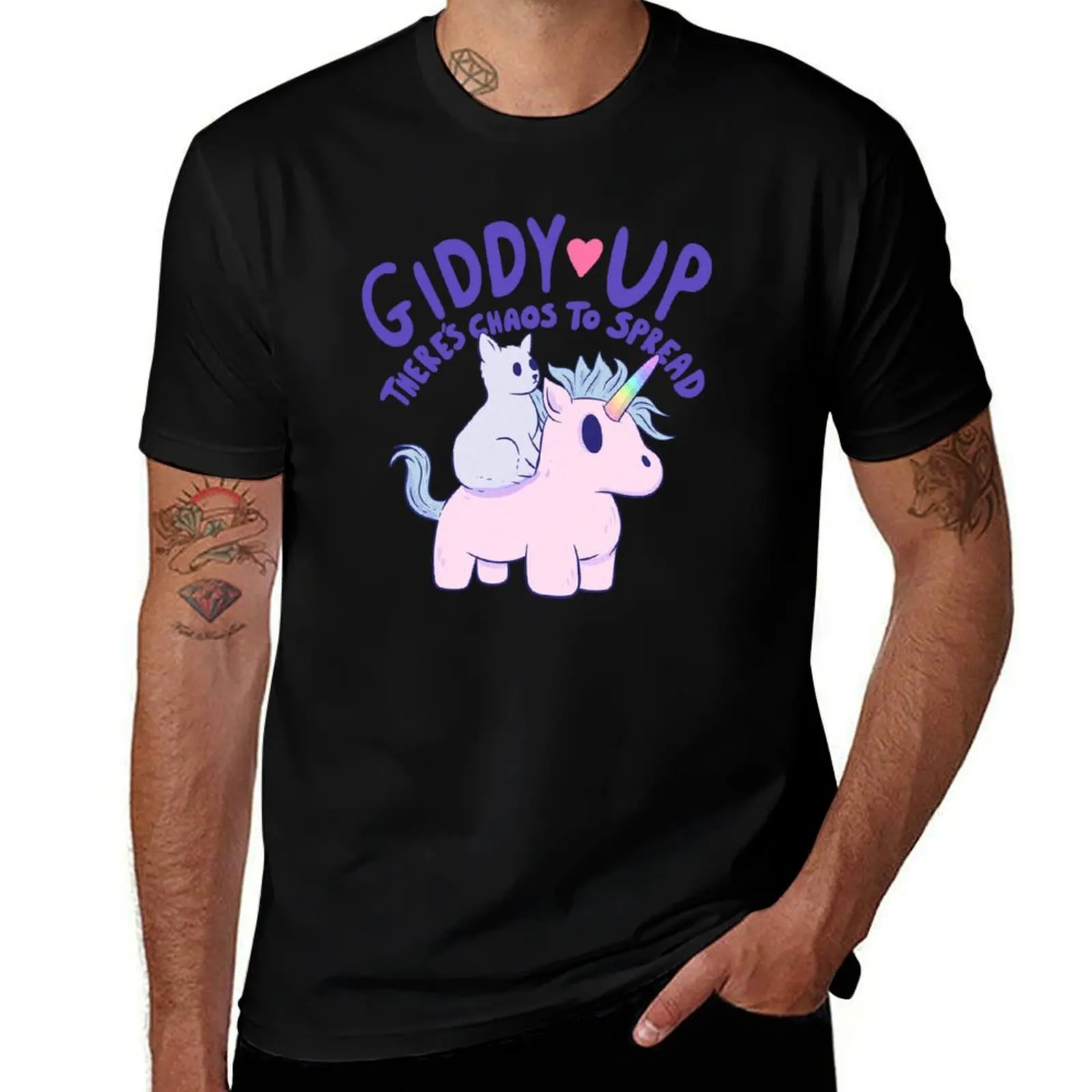 Cute Cat Riding Unicorn - Giddy Up, There’s Chaos to Spread T-Shirt Long Lasting Casual T-Shirt