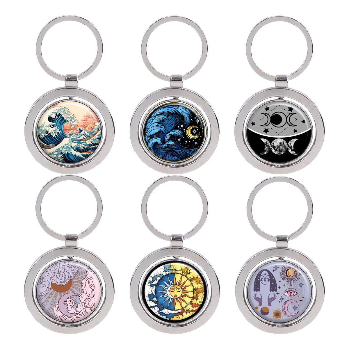 

Waves Rotatable Metal Keychain Sun and Moon Motorcycles Cars Keys Decorate Can Rotate 360 ° Fashion Circular Keyring Retro Gifts