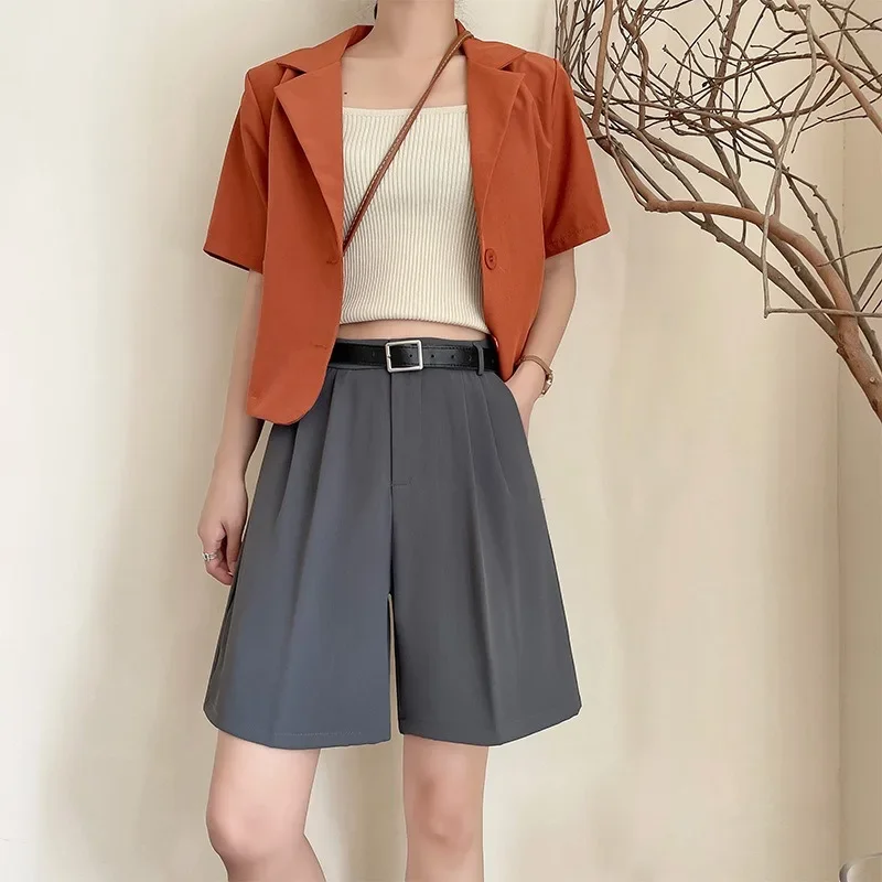 Korean Style Fashion Suit Shorts Summer New High Waisted Slimming Loose Wide Leg Pants Casual Women's Five Quarter Pants