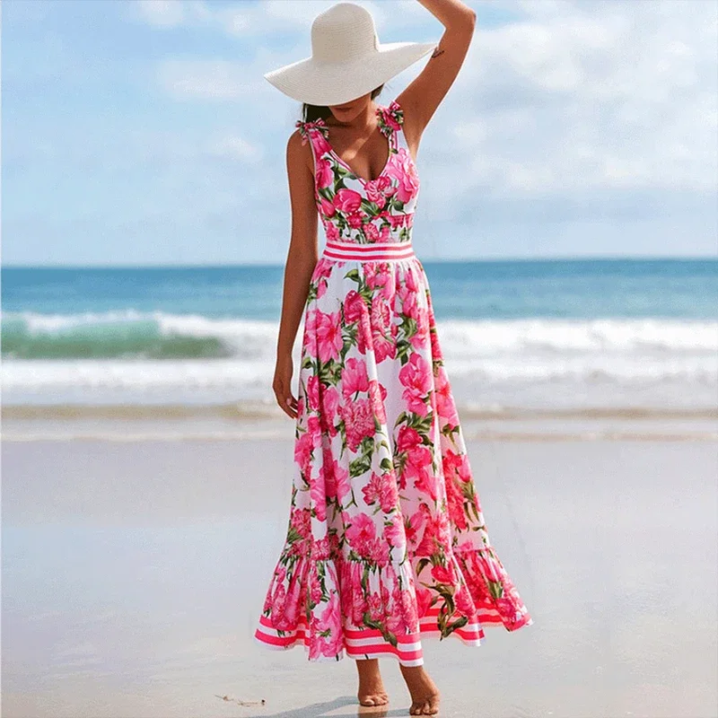 Women Swimsuit New Sexy Tie Shoulder Shirring Flower Print One Piece Swimsuit Skirt Bathing Suit Beach Backless Monokini Female