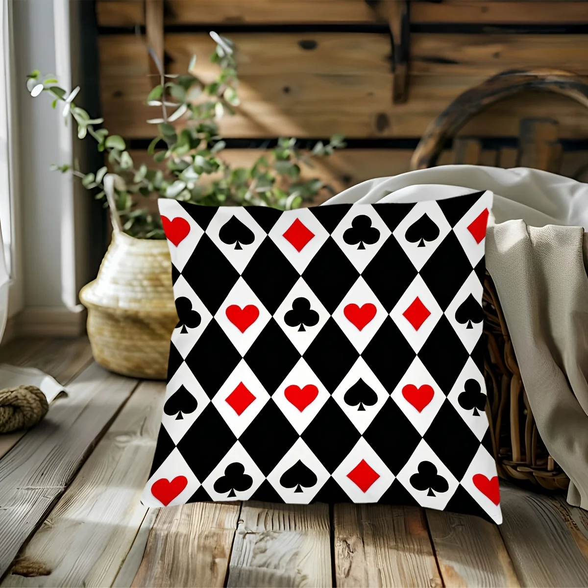 1pc 2D Flat Pillow Not Included Poker Suit Diamond Heart Spade Club Pattern Cushion Cover Short Plush Casino Game Decor GiftCase