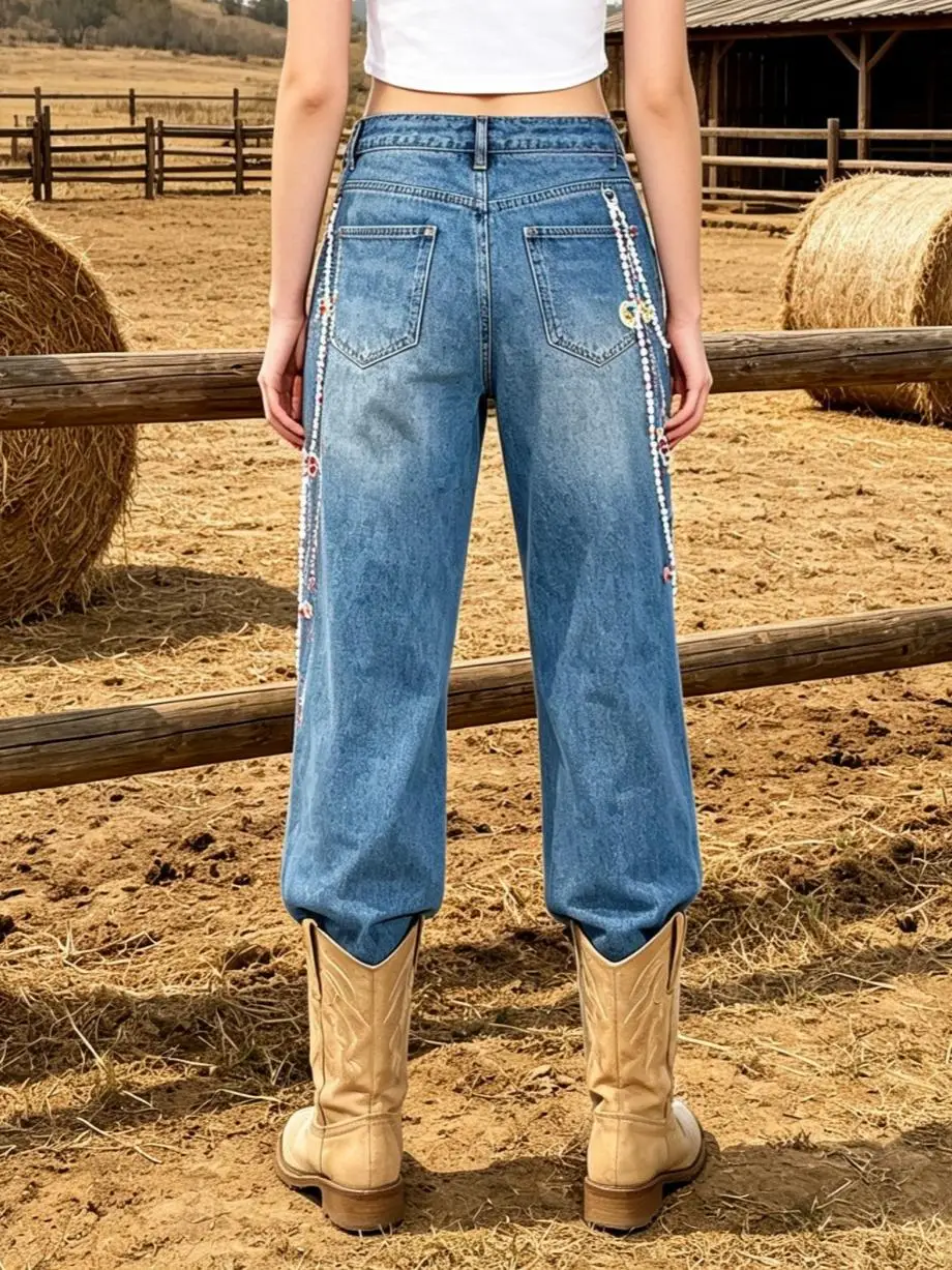 【HME】Jeans | Women Faux Pearl Chain Print Denim Pants, High-Waist Straight Wide Leg Denim Jeans, Medium Vintage Blue Distressed Wash, Draped Loose Leg To Flatter Figure, Sweet Cool Western Style, Eye-Catching Casual Pants For Outings & Shopping
