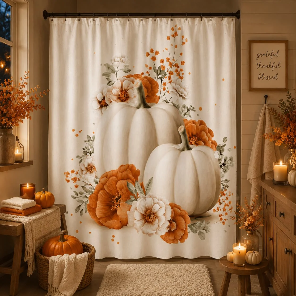 1pc Halloween Pumpkin Floral Shower Curtain, Quick-Dry, 71X71 Inch, Machine Washable with 12 Hooks, Rustic Farmhouse Autumn Spooky Bathroom Decor