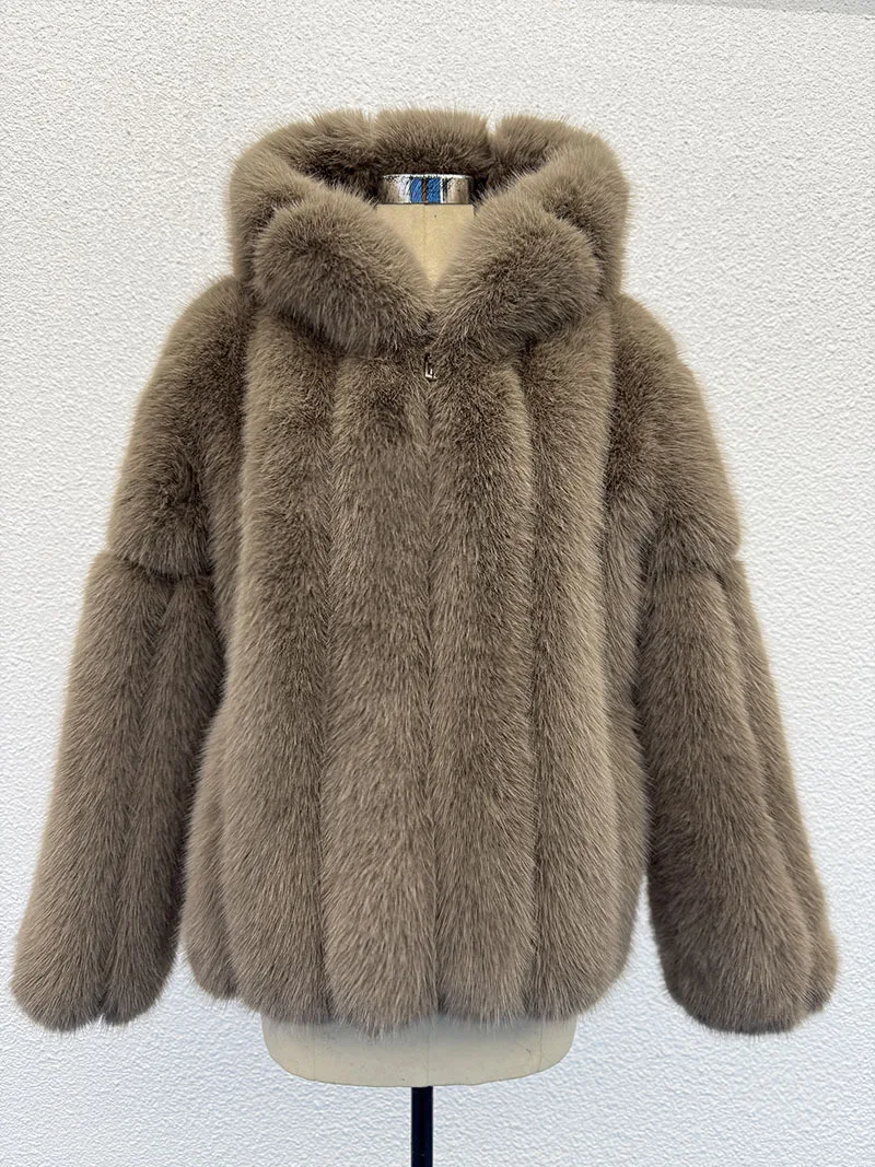 ZADORIN Nieuwe Luxe Designer Faux Bontjas Vrouw Capuchon Rits Harige Warme Winter Nepbont Jas Streetwear Bontjassen Vrouw Tops