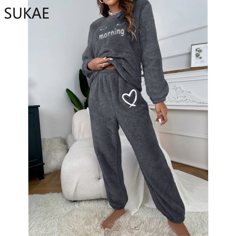 SUKAE Fluffy Homewear Winter Woman Pajamas Set Pullover Lashes Sleepwear Cozy Flannel Pijamas Cold Thermal Lady Lingerie Pyjama