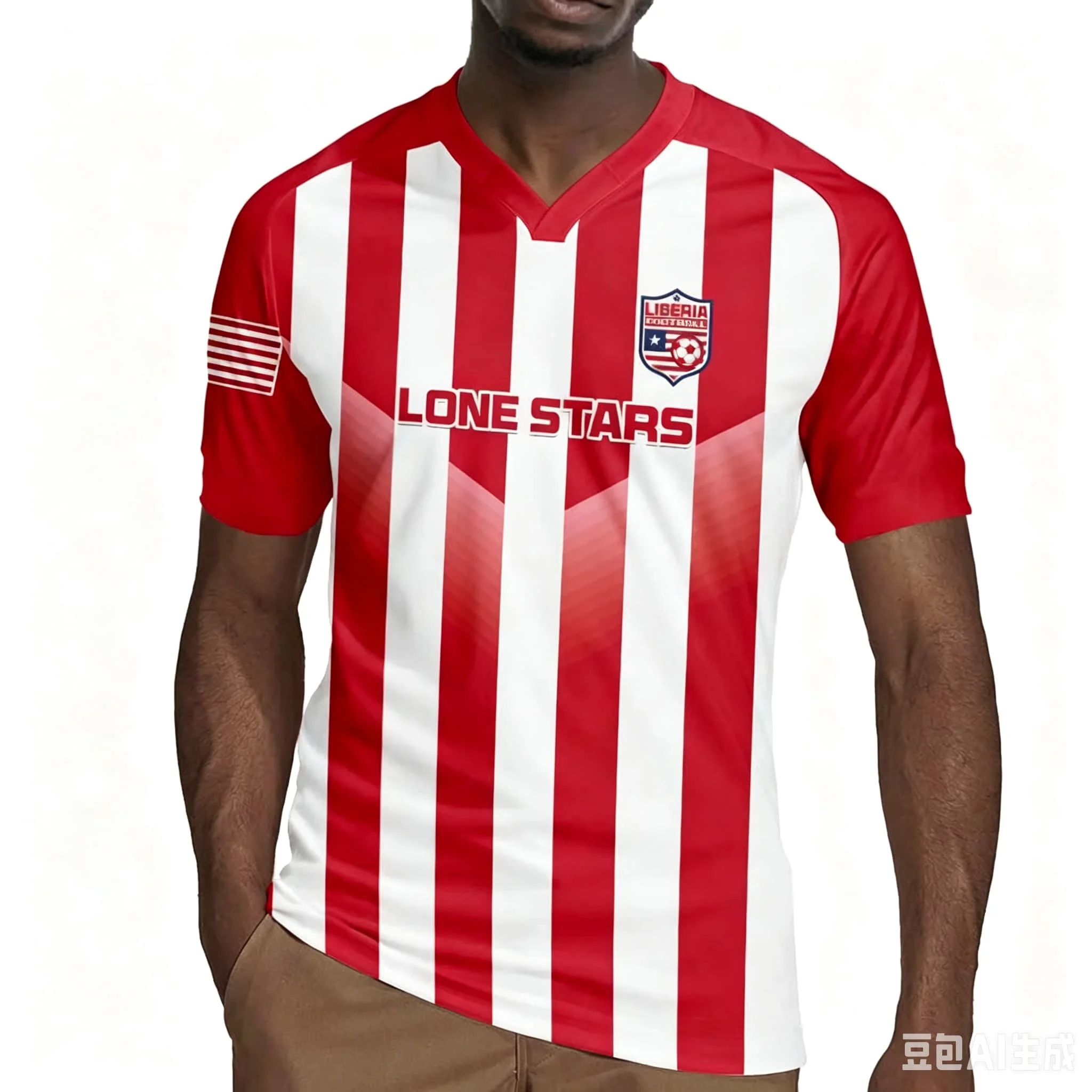 Men V Neck Soccer Jersey Liberia Lone 3D Full Print T Shirt  Flag Badge Short Sleeve Sports Training Casual Tops for Male