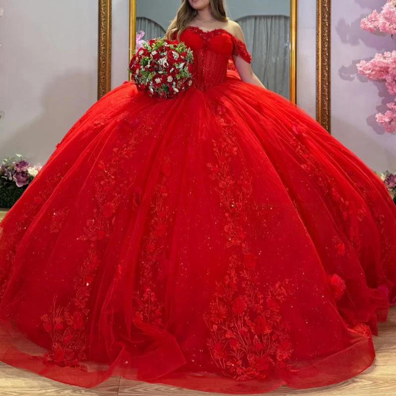 

Red Glittering Sweetheart Quinceanera Dresses Off Shoulder Flower Applique Lace Beads Crystal Bow Tull Vestidos De 15 Anos Ball