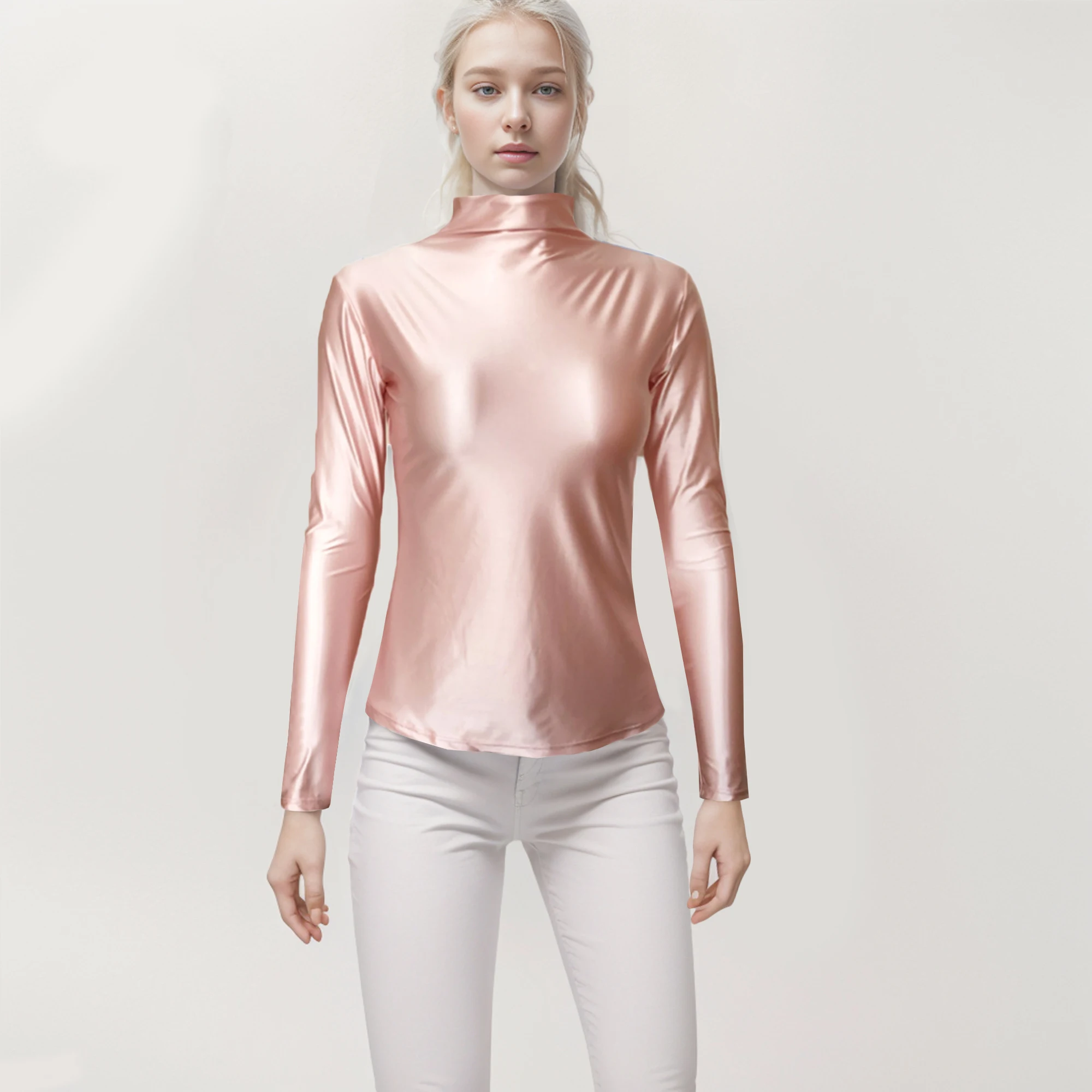 XCKNY satin glossy top sexy long sleeve high neck sports casual tight clothes sexy Yoga sportswear smooth multifunctional tights