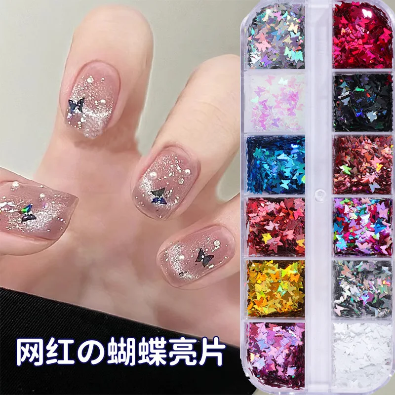 

Butterfly Sequins 12-Compartment Boxed Nail Art Accessories Laser-Cut Silver Mini Butterflies Small Decorative Embellishments