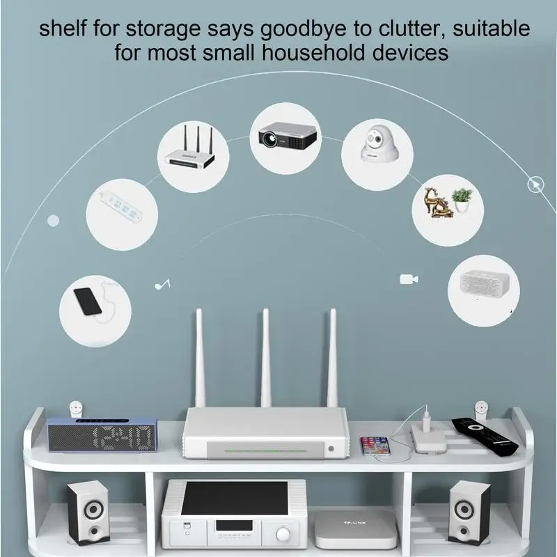 2 Tier Floating Shelves Wifi Router Hanging Layer Multi Tap Outlet Set Top Box Holder Cable Bracket Wall Mount Storage Organizer
