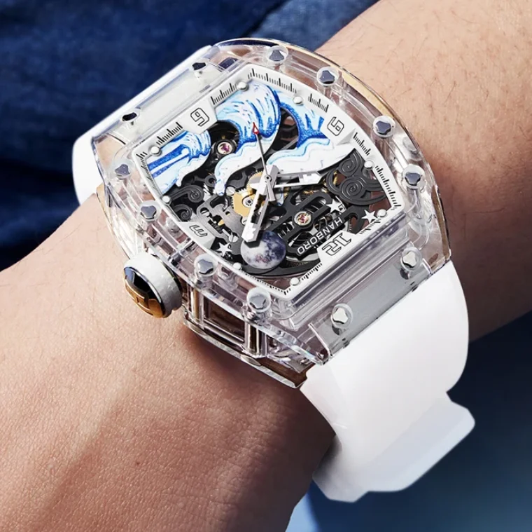 

HANBORO Men Automatic Watch 42.5mm Tonneau Mechanical Wristwatch Luminous Acrylic Case Luminous Sapphire Skeleton Wave Dial
