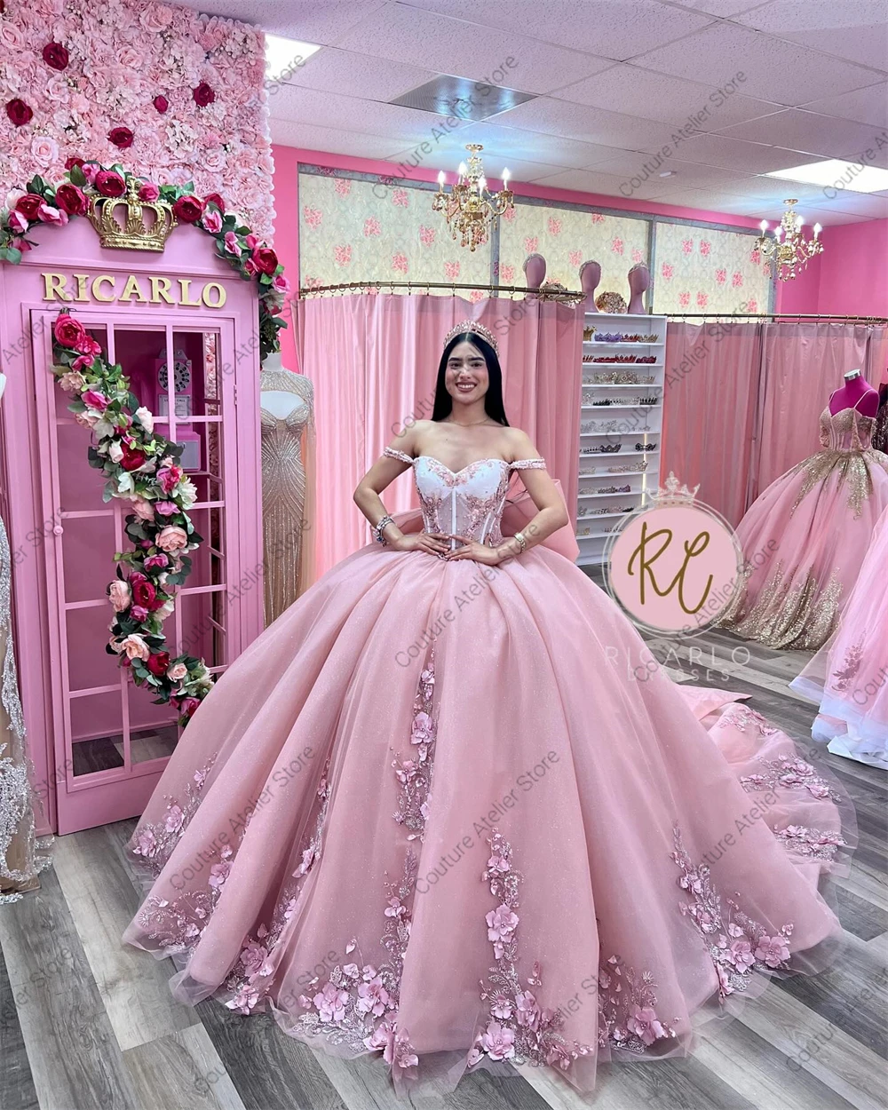 Princesa Rosa 3D flores corsé vestido para quinceañeras vestido de baile de lujo fuera del hombro dulce 15 vestido vestidos de 16 personalizado