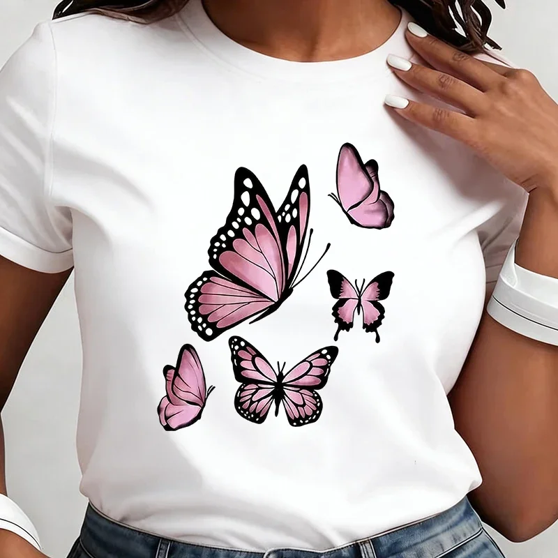 90s Casual Summer Crew Short Sleeve Tshirt Women's T Shirt with Featuring Butterfly Designs Print Graphic Y2k Tees Tops Clothes