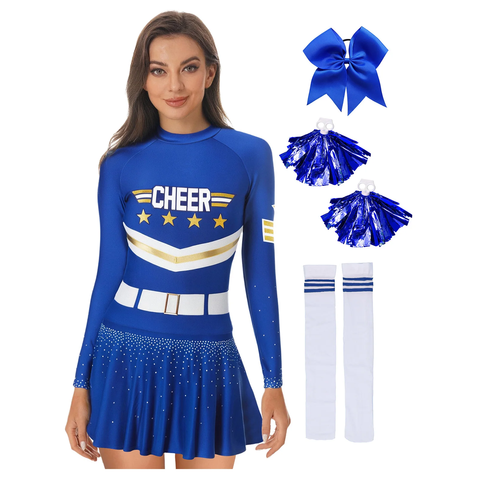 

Women Cheerleading Uniform School Girl Cheerleader Performance Costume Rhinestone Cheer Dance Dress with Hand Flowers Long Socks