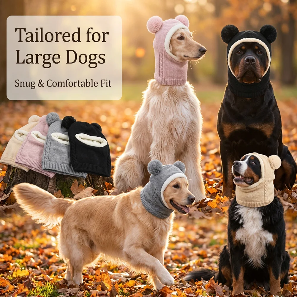 Large Dog Autumn and Winter Warm Knitted Headgear, Double Pom-Pom Ear Protection Balaclava, Fleece-Lined Thickened Windproof Scarf-In-One Hat, Winter Outdoor Anti-Freeze Knitted Hat for Golden Retrievers and Rottweilers, 4 Colors Available