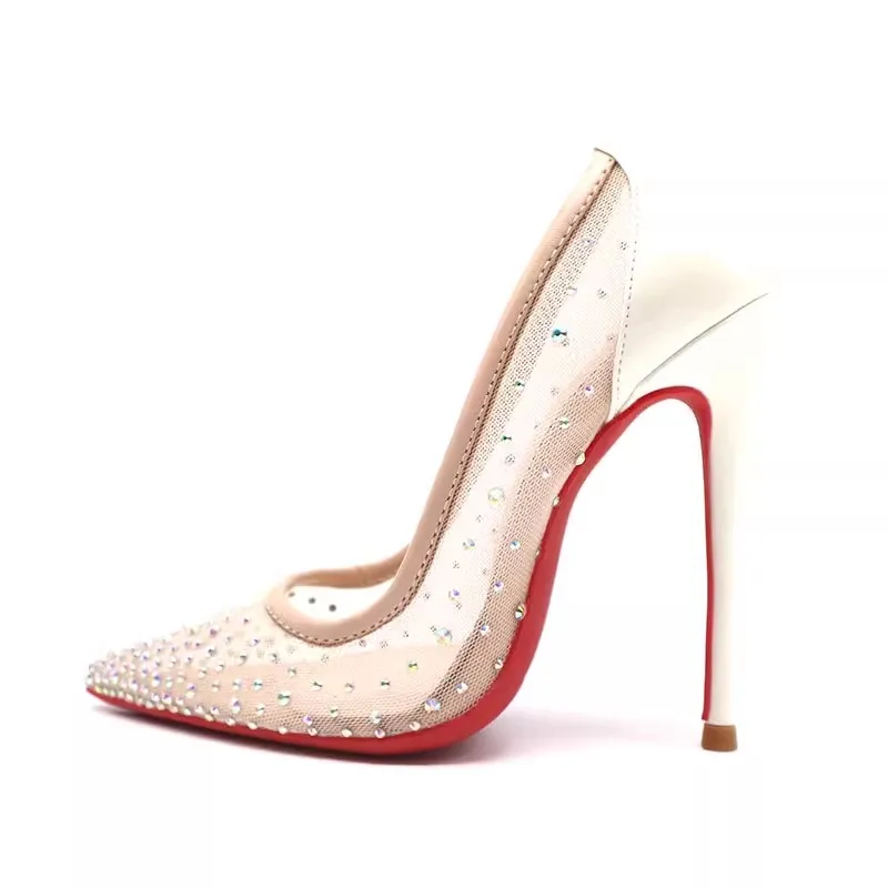 Summer pointed shallow mesh rhinestone sequins thin belt single shoes thin high-heeled dress large size small size women sandals