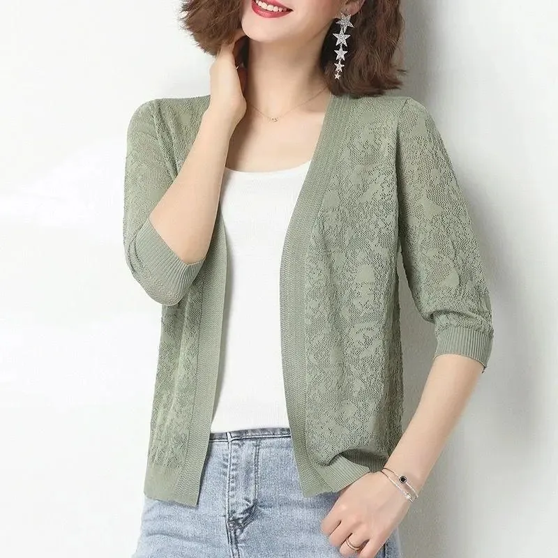 New Summer Ladies Knitting Cardigan Jacket Women Short  Thin Female Shawl Noble Ice Silk Knitting Shirt Sun Protection Clothing