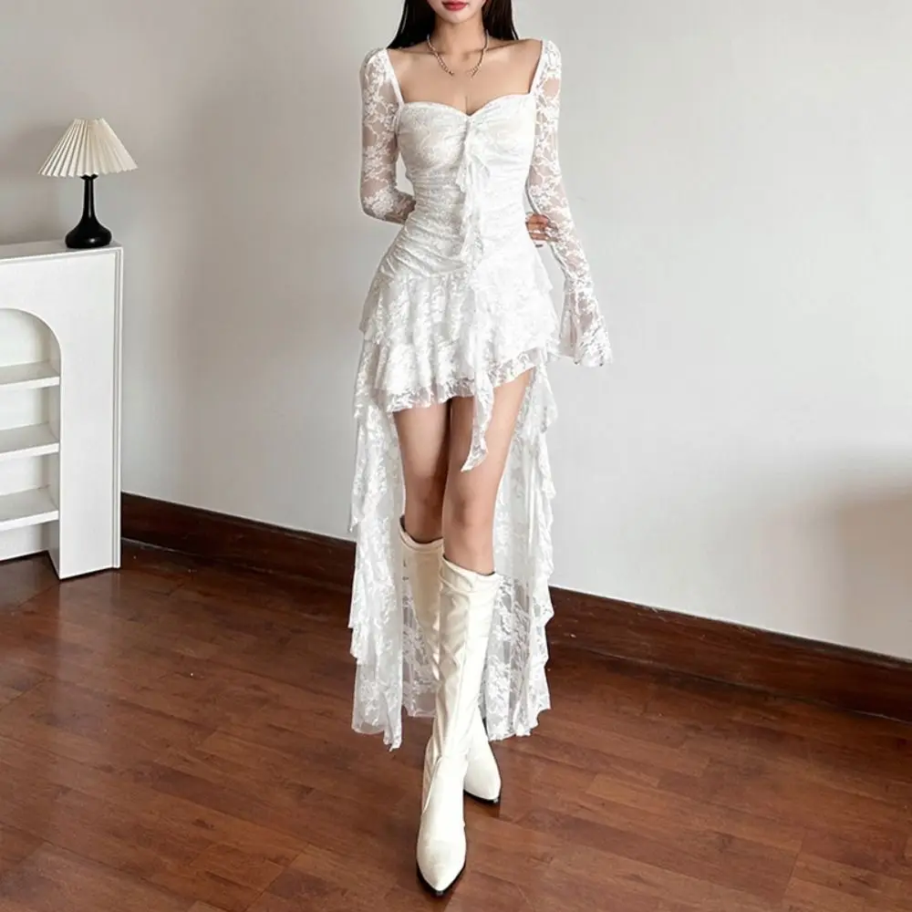 

Mesh Flower Lace Tassel Dress Ruffled Edge A-line Lace Pleated Irregular Dress Transparent Sweet Lace Dress Women Beachwear