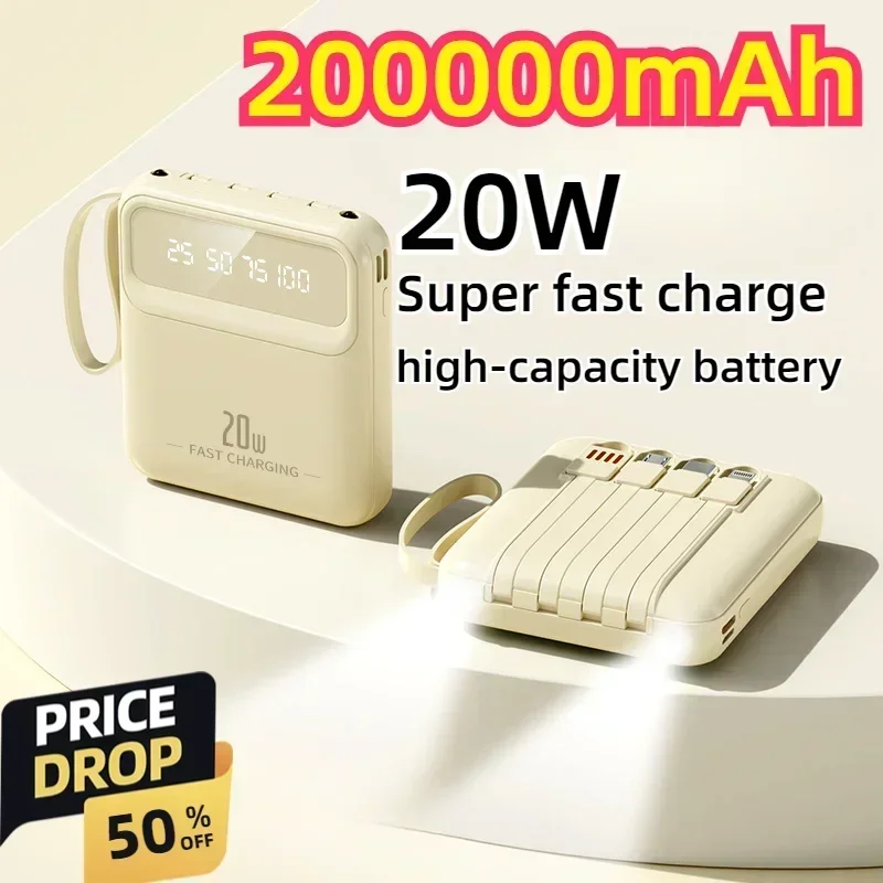 200000mAh Super Large Mah Configuration Four Data Cables Compact Travel Portable Charging Bank 20W Ultra-fast Charging