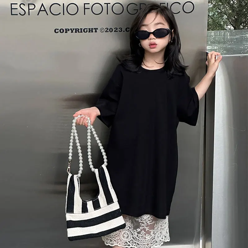 

Black T-shirt Lace Skirt Set Summer Casual Temperament Simple New Solid Color Short Sleeved Long T-shirt Skirt Two Piece Set