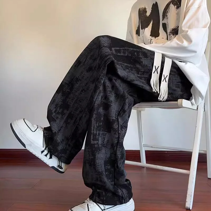 Tie-Dye Corduroy Men's Casual Pants Spring Autumn Thin American Style Loose Wide Leg Straight Cut Casual Trousers