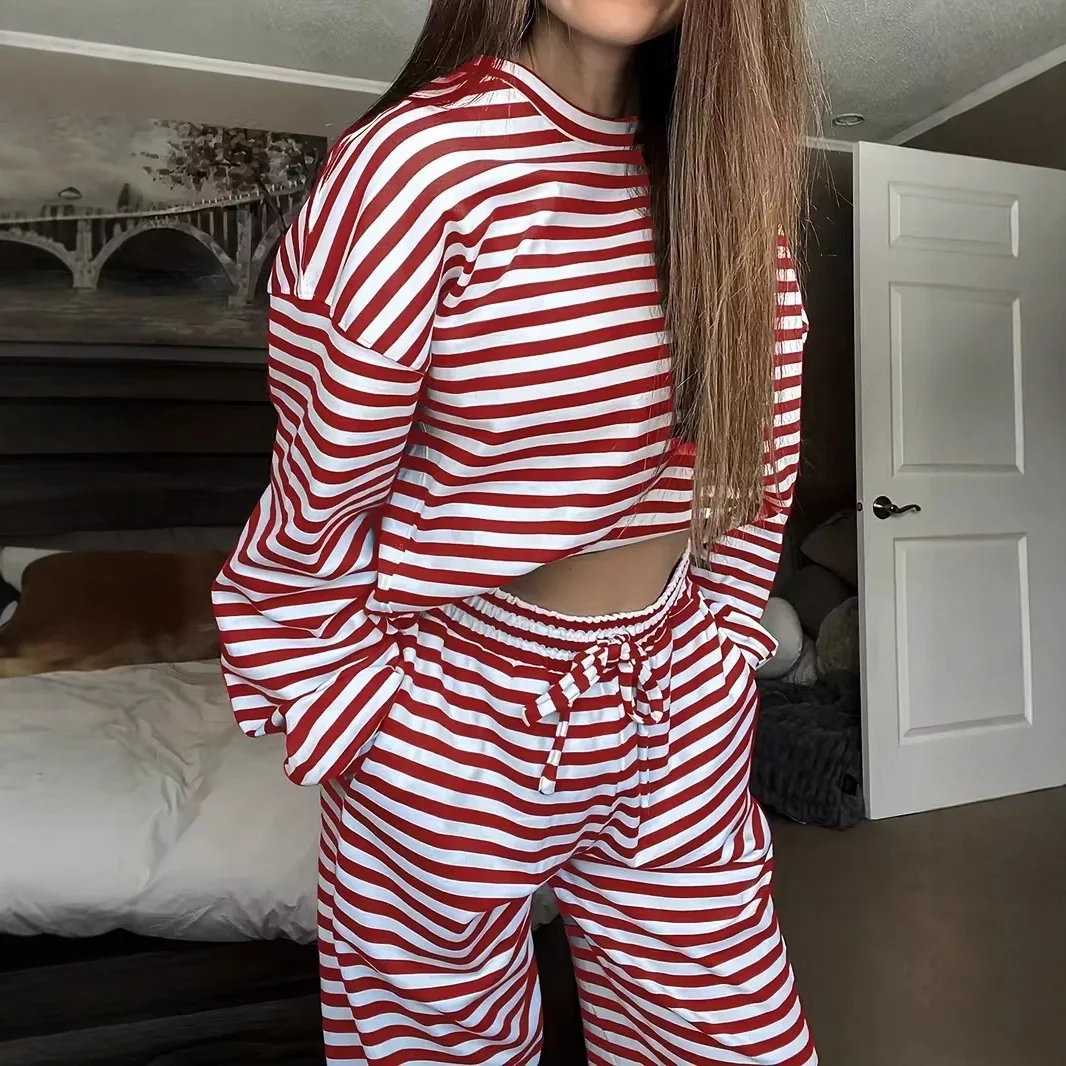 Damski zestaw modowy 2025: bluzka i spodnie, długi rękaw, paski, włókno poliestrowe, do pracy, jesień, długie spodnie, styl biznesowy.