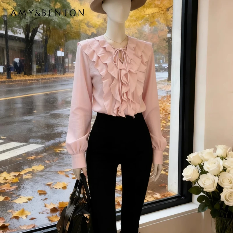 

French Style Gentle Ruffle Tie V-Neck Women's Shirt 2026 Spring Autumn New Long Sleeve Design Sense Age Reduction Shirts Ladies