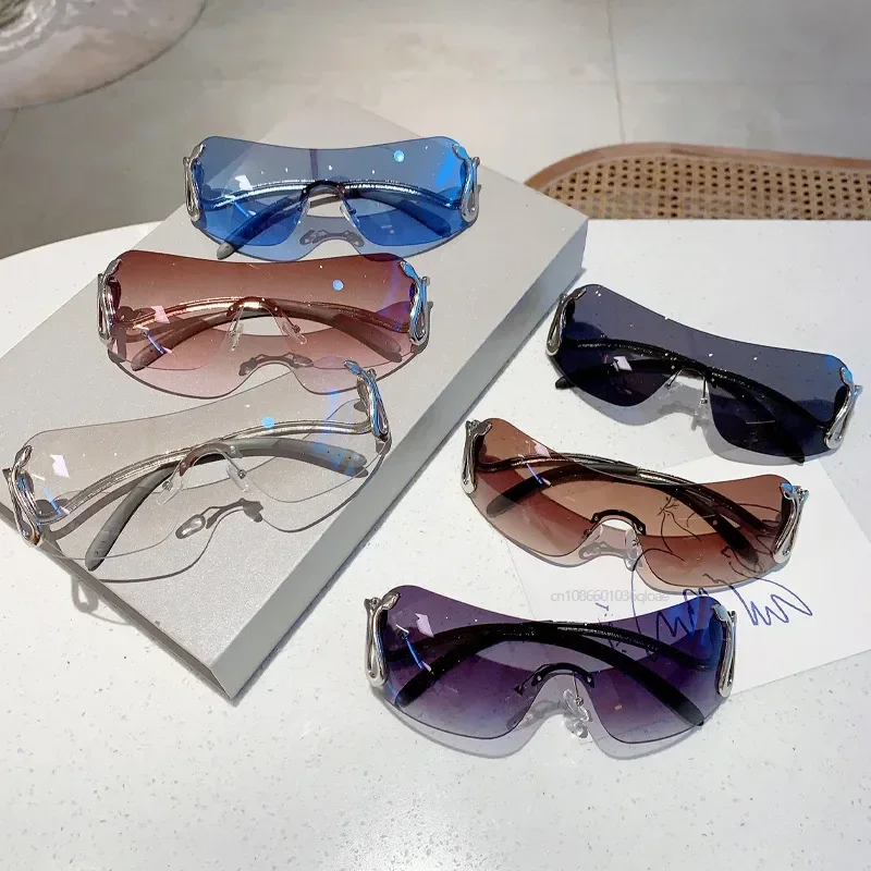 Gafas de sol sin montura Y2k para mujer, lentes con gradiente, elegantes, para exteriores, diseño de marca de lujo, montura de Metal