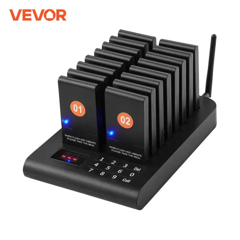 VEVOR Restaurant-Pager-System, kabelloses Warteschlangensignal mit 500 m Reichweite, Piepser zur Rufannahme von Gästen mit Vibration und Blinken, 16