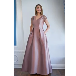 customized Elegant V Neck Capped Sleeve Lace Beading Satin Evening Gowns Floor Length A Line Mother of the Bride Dresses