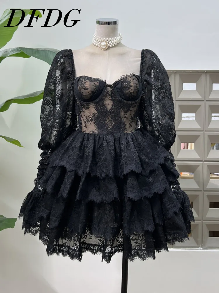 

DFDG женское элегантное кружевное вечернее платье на одно плечо с вышивкой, многоуровневая юбка-торт с приталенной талией, вечернее платье, весна-лето 2025