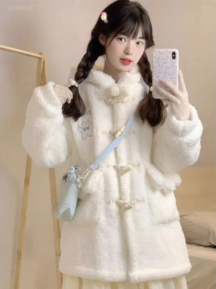 Winter Preppy Style Cartoon Embroidery Jacket Y2k Aesthetic Lamb Wool Women Hooded Coat Harajuku Warm Vintage Casual Pocket Tops