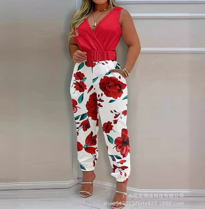 

Woman Jumpsuits Elegant 2024 Sexy V-Neck Sleeveless Printed Jumpsuit High Waist Pocket with Belt Vest Playsuit Streetwear