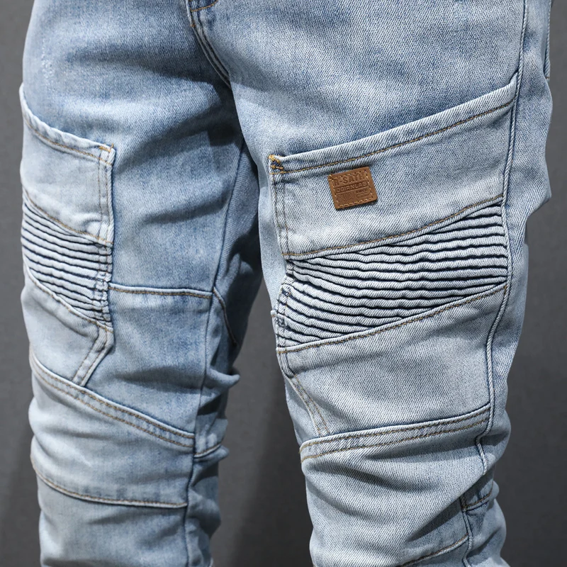 Street Fashion Men Jeans Retro Light Blue Elastic Stretch Slim Fit Spliced Designer Biker Jeans Men Pocket Patched Hip Hop Pants