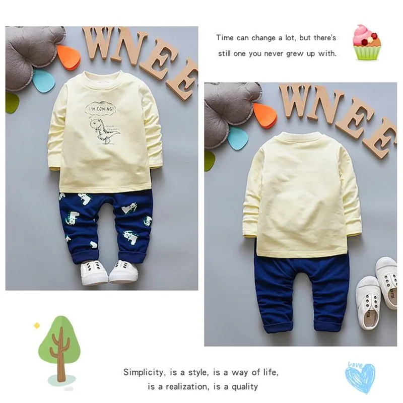 Baby boy clothes suit, spring and autumn cartoon printed dinosaur coat+cotton long-sleeved shirt+casual pants for handsome boys