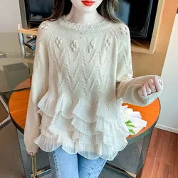 Sweet Ruffles Patchwork Jumpers Female Clothing Spring Autumn Korean Solid Color Casual Round Neck Basic Loose Knitted Sweaters