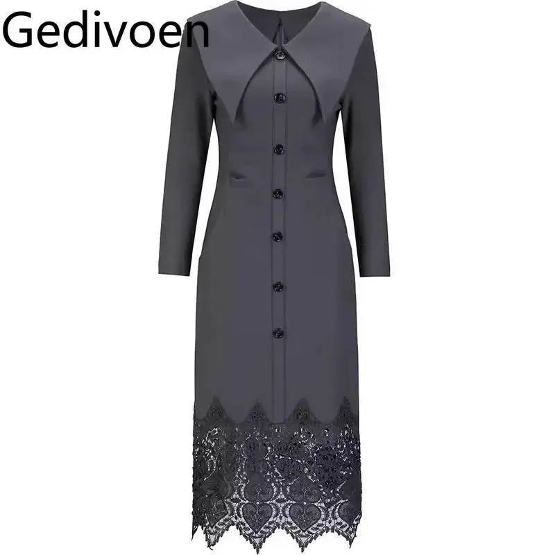 Gedivoen Hollow Out Lace Splicing Fashionable Dress Women's Turn-Down Collar Long Sleeved Single-Breasted Elegant Dresses