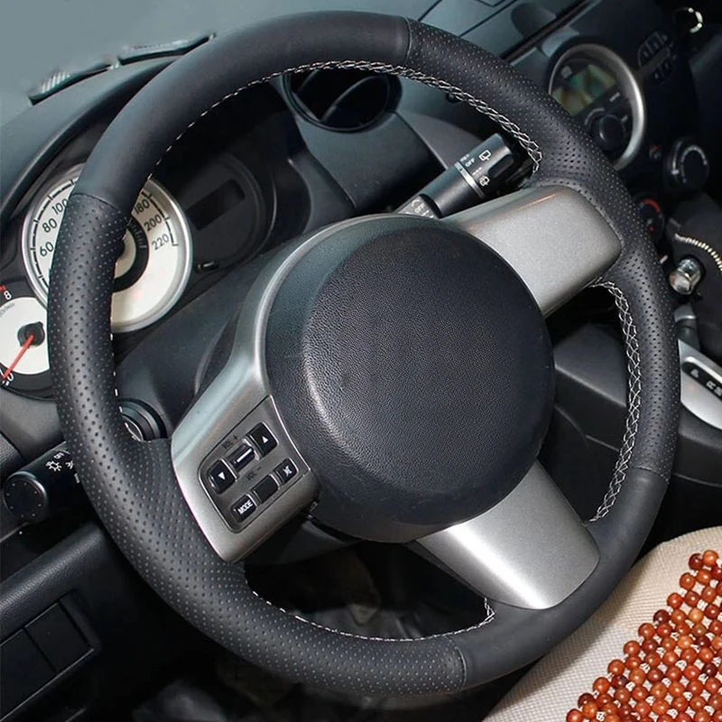 

Car Steering Wheel Cover Hand Sewing Anti-Slip Black Artificial Leather Braid Car Accessories For Mazda 2 2008-2014