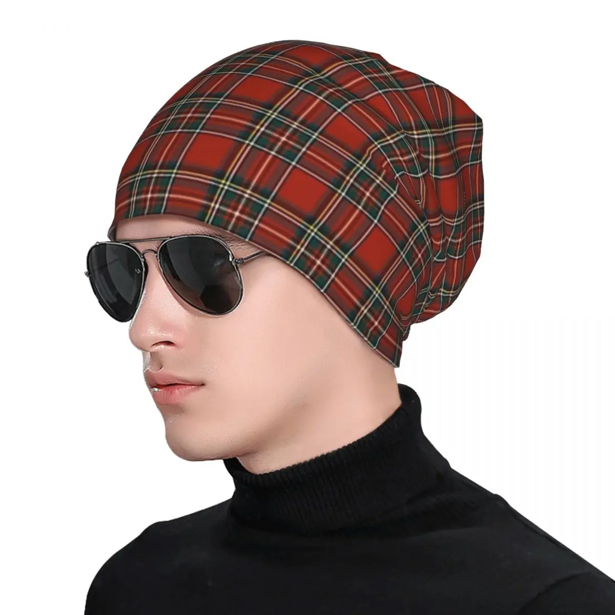 Homens e mulheres Royal Marshall Tartan Print malha chapéu, gorros treliça, gorro chapéus